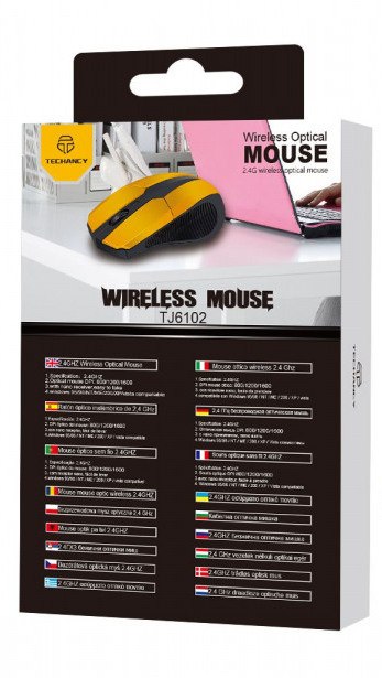 Mysz bezprzewodowa Ergonomiczna Zółto-Czarna TECHANCY TJ6102 TF37021 Mysz bezprzewodowa Ergonomiczna Zółto-Czarna TECHANCY TJ6102 TF37021
