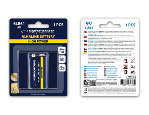 Baterie Alkaliczne 6LR61 9V 1szt. ESPERANZA EZB110 Baterie Alkaliczne 6LR61 9V 1szt. ESPERANZA EZB110
